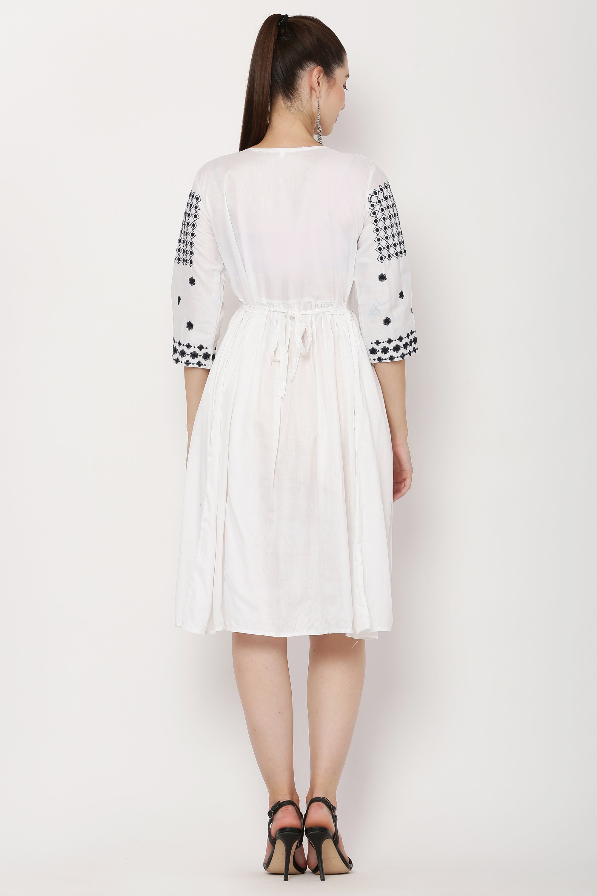 PAVONINE White Color Polka Dots Embroidery Dress For Women