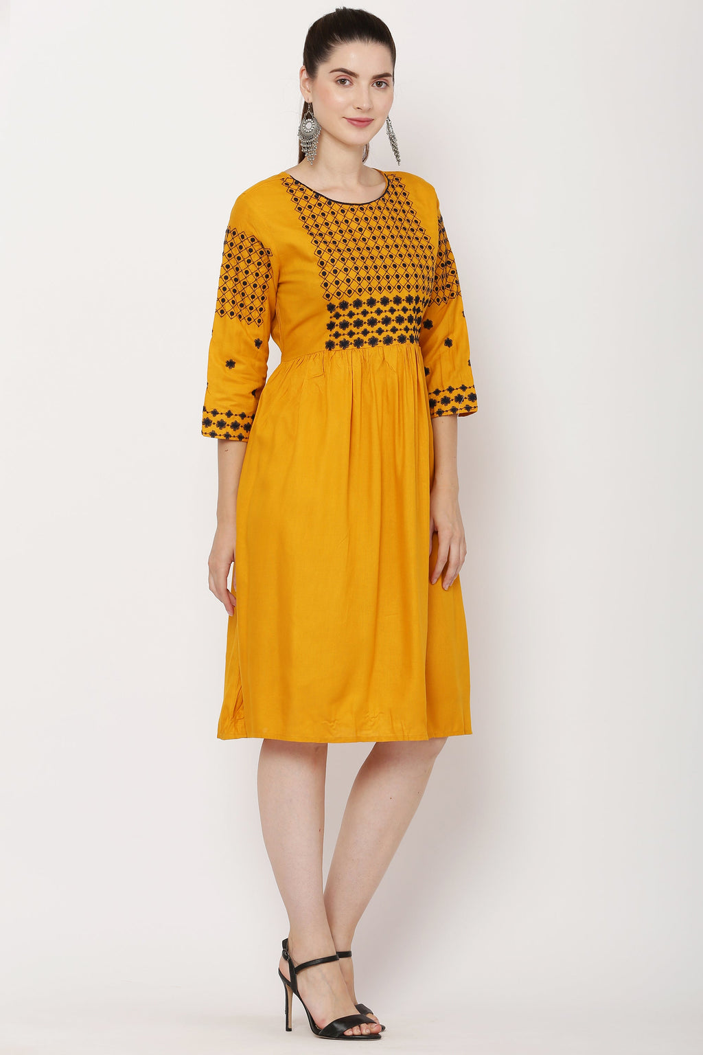 PAVONINE Mustard Color Polka Dots Embroidery Dress For Women