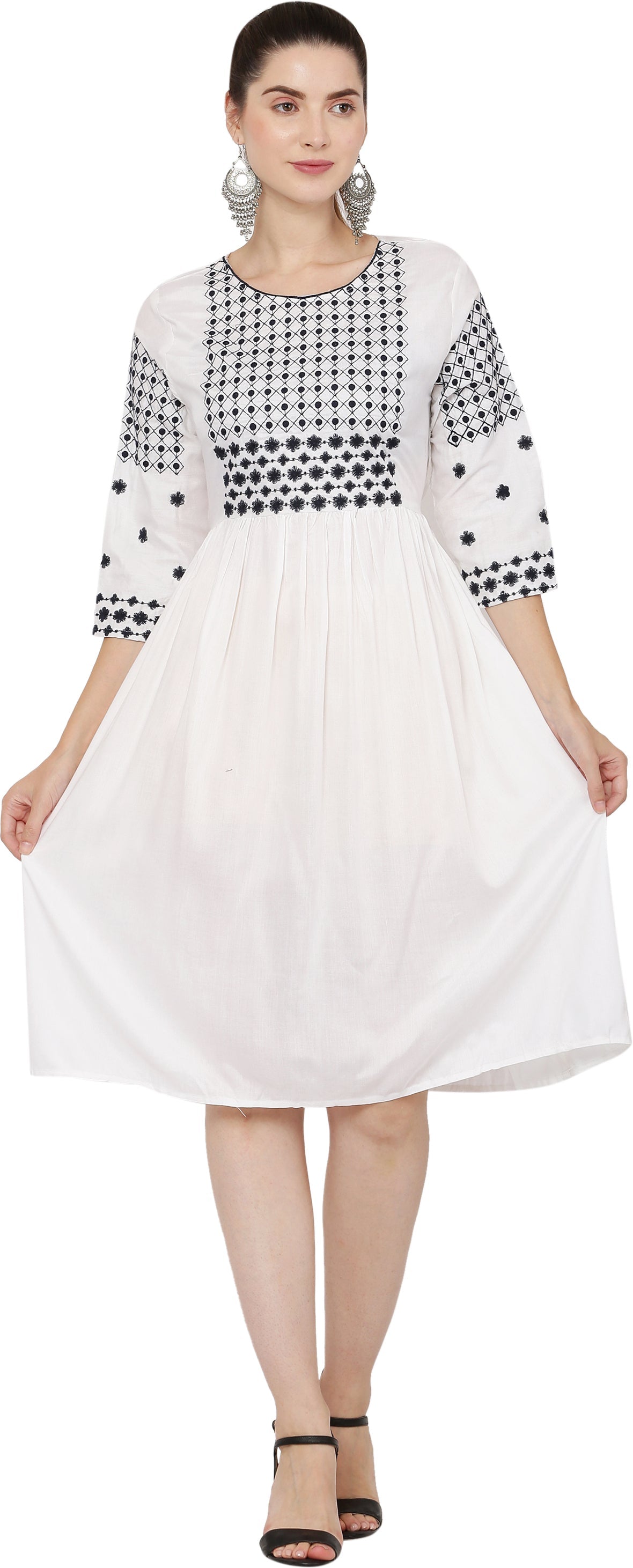 PAVONINE White Color Polka Dots Embroidery Dress For Women