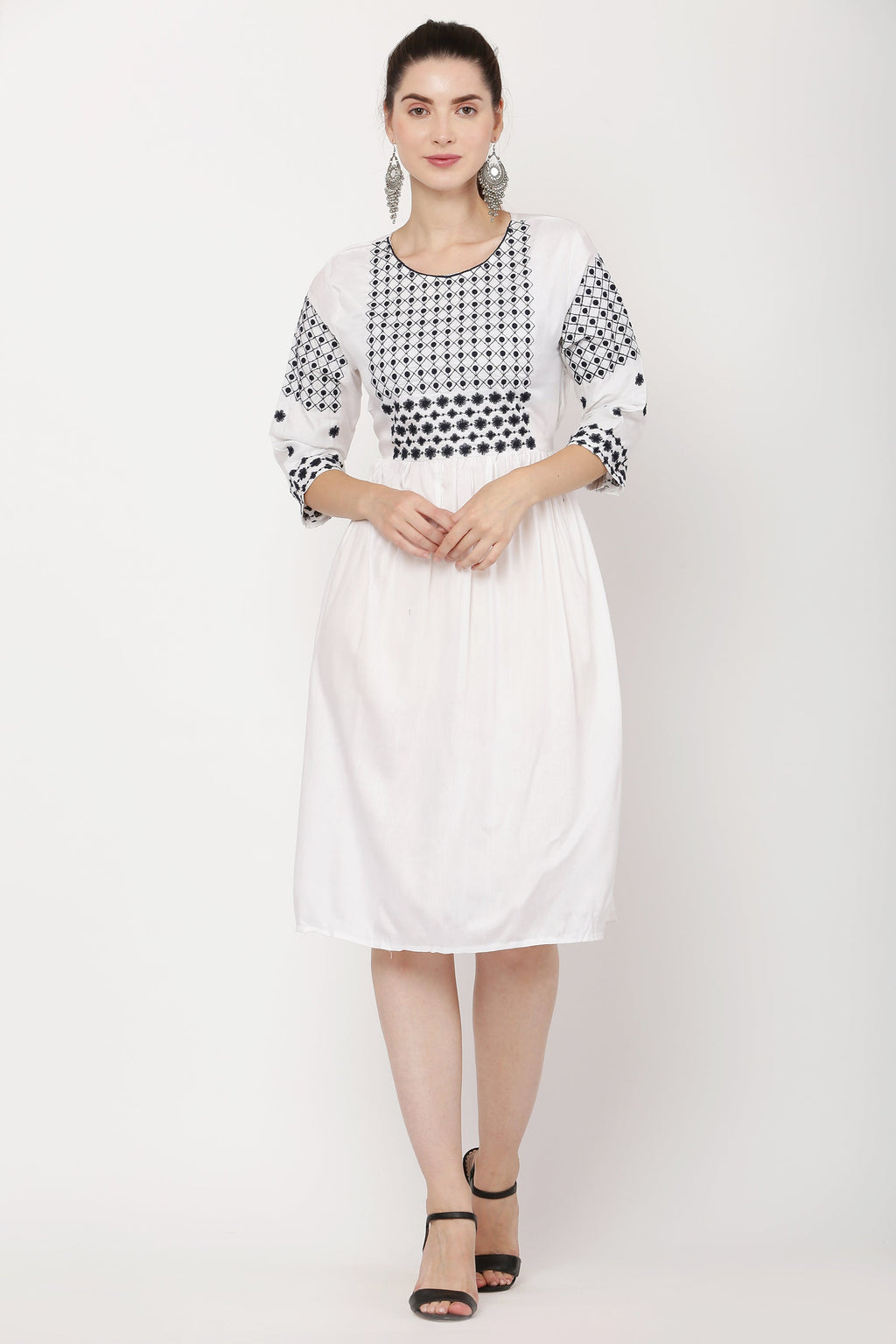 PAVONINE White Color Polka Dots Embroidery Dress For Women