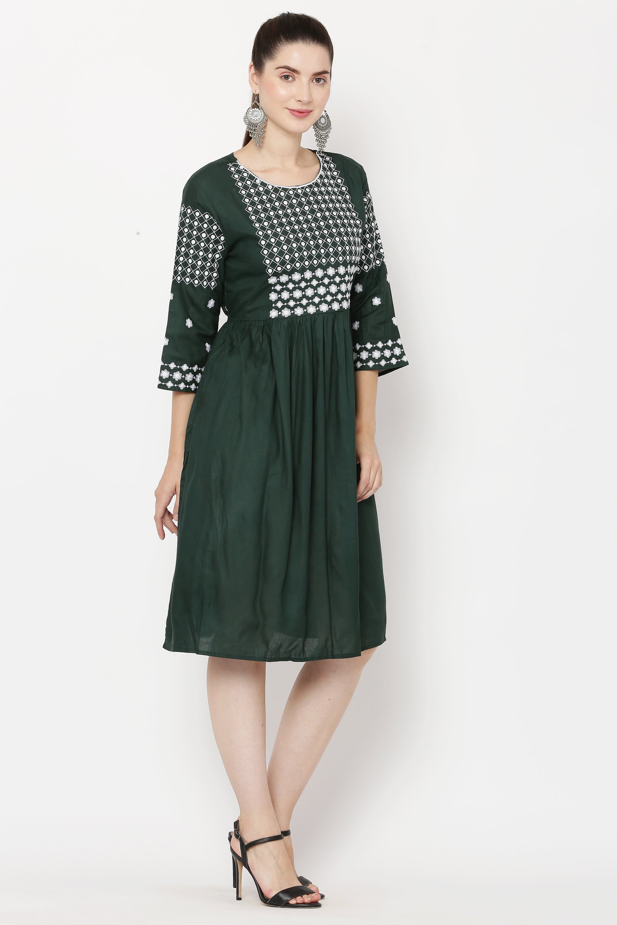 PAVONINE Bottle Green Color Polka Dots Embroidery Dress For Women