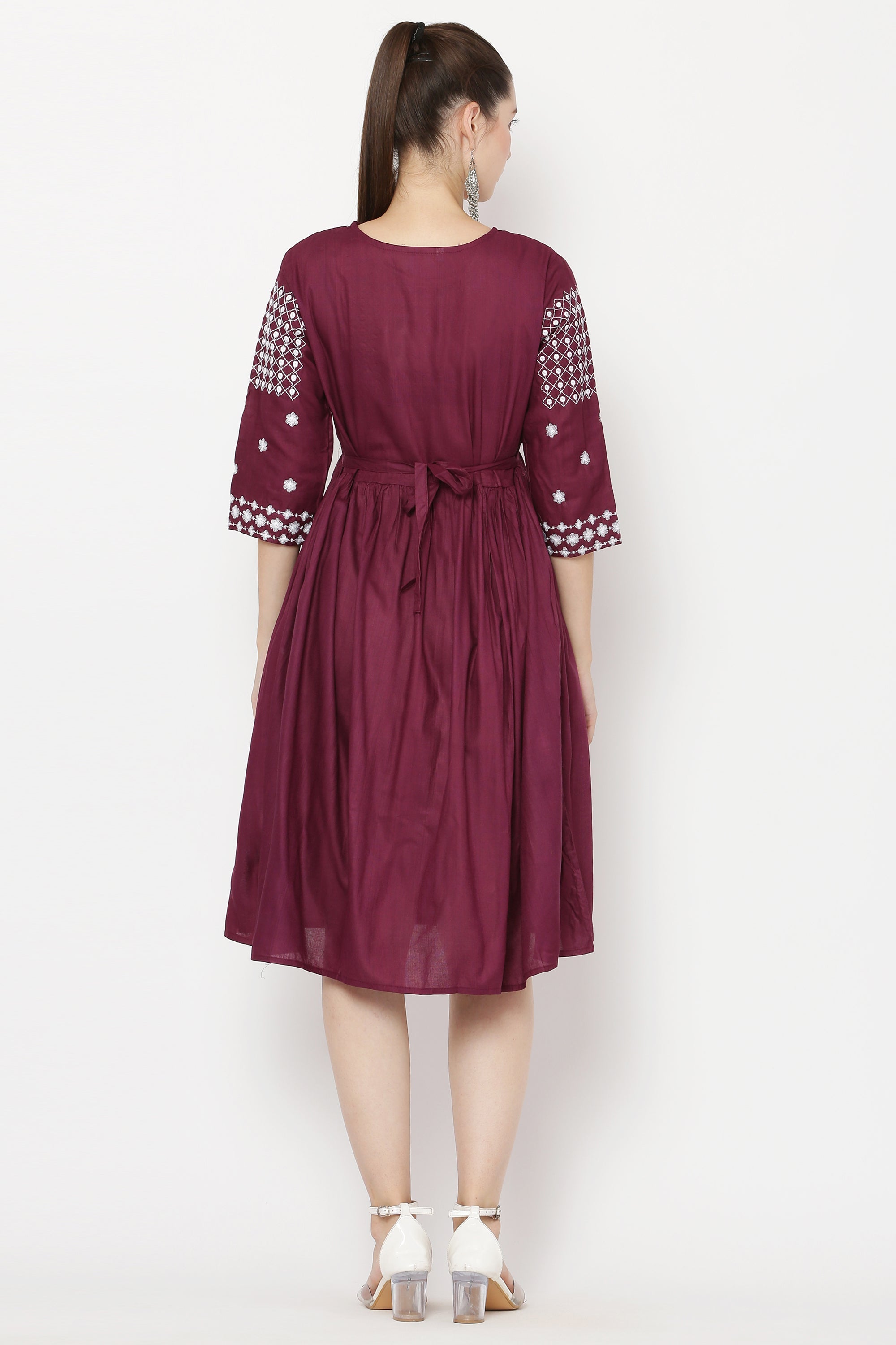 PAVONINE Wine Color Polka Dots Embroidery Dress For Women