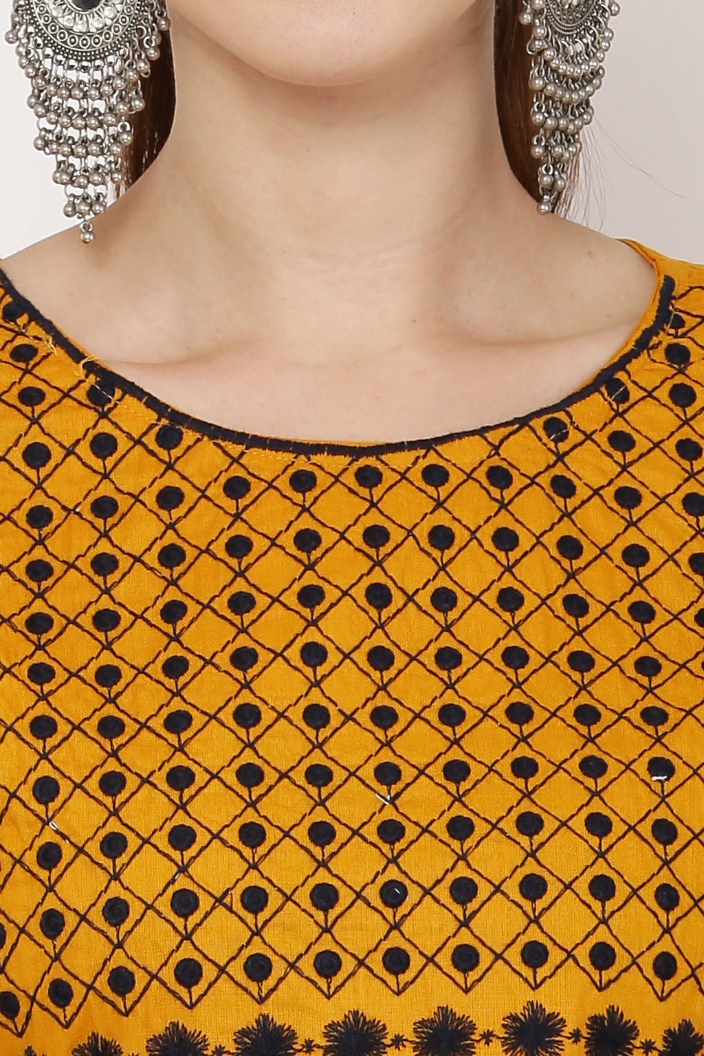 PAVONINE Mustard Color Polka Dots Embroidery Dress For Women