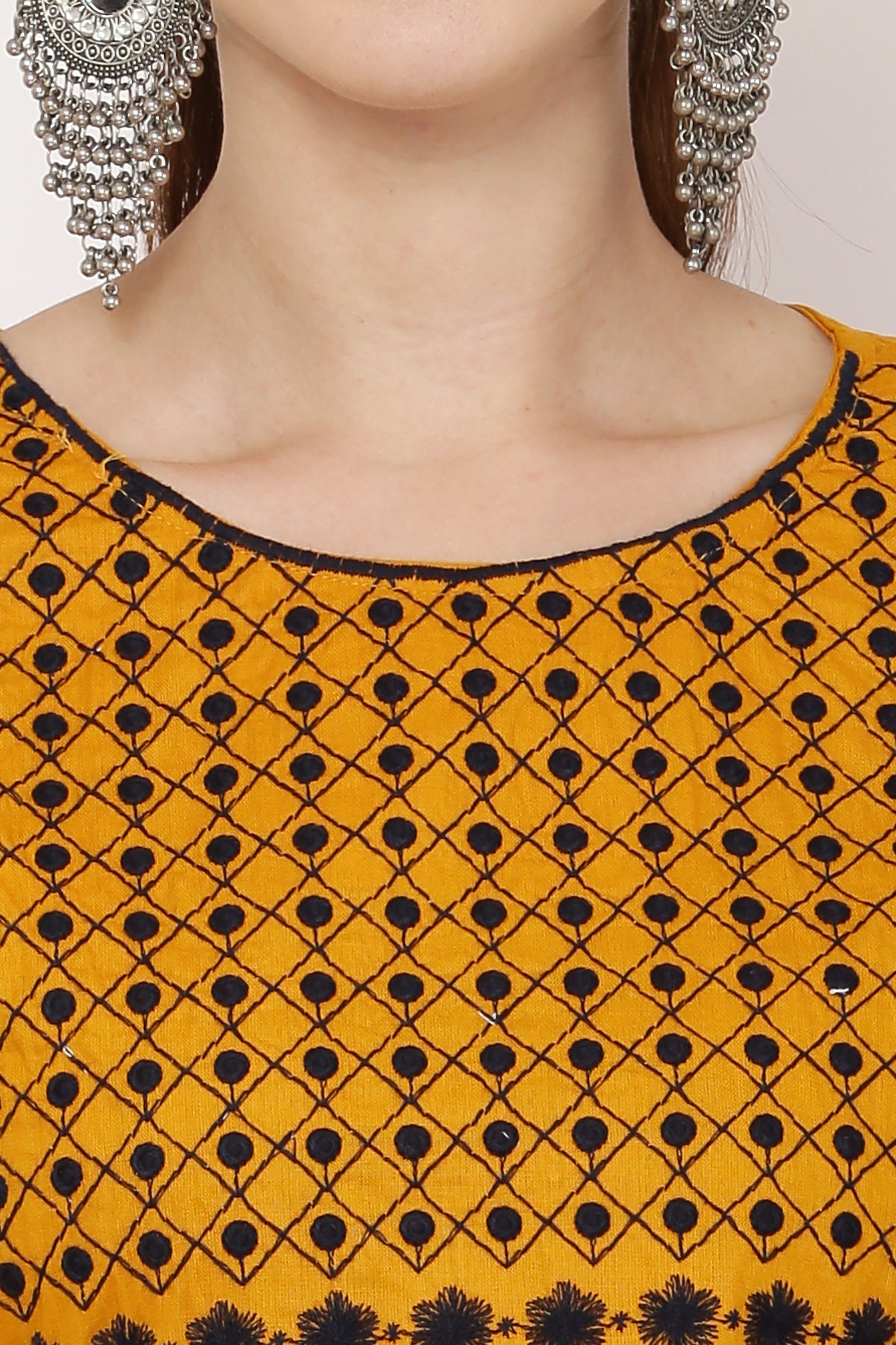 PAVONINE Mustard Color Polka Dots Embroidery Dress For Women