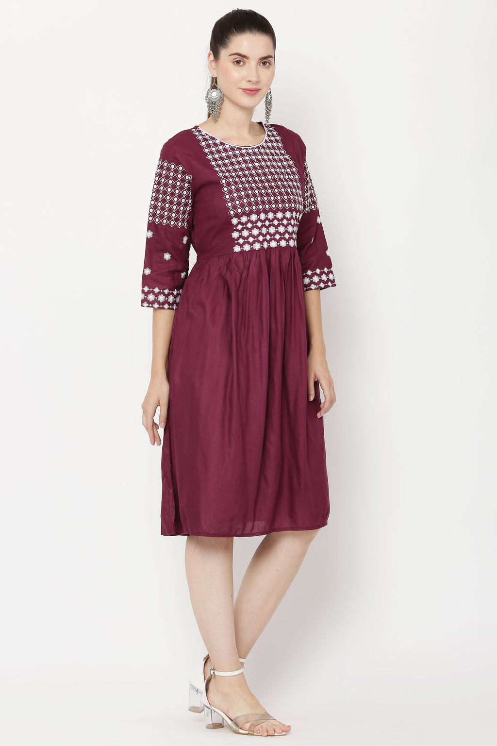 PAVONINE Wine Color Polka Dots Embroidery Dress For Women