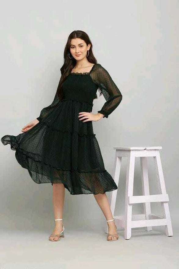PAVONINE Buta-Design With Square-Neck Bottle Green Dress For Girls & Women