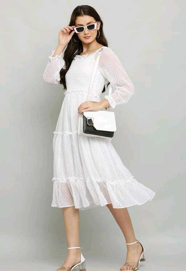 PAVONINE Buta-Design With Square-Neck White Dress For Girls & Women