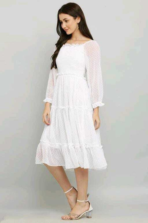 PAVONINE Buta-Design With Square-Neck White Dress For Girls & Women
