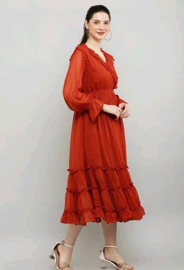 PAVONINE Buta-Design With V-Neck Red Dress For Girls & Women