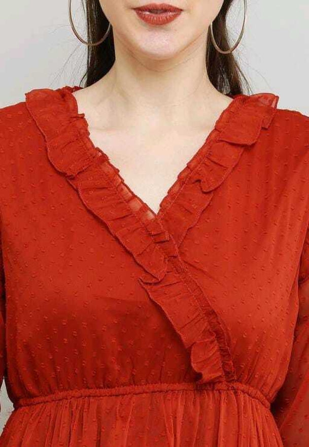 PAVONINE Buta-Design With V-Neck Red Dress For Girls & Women