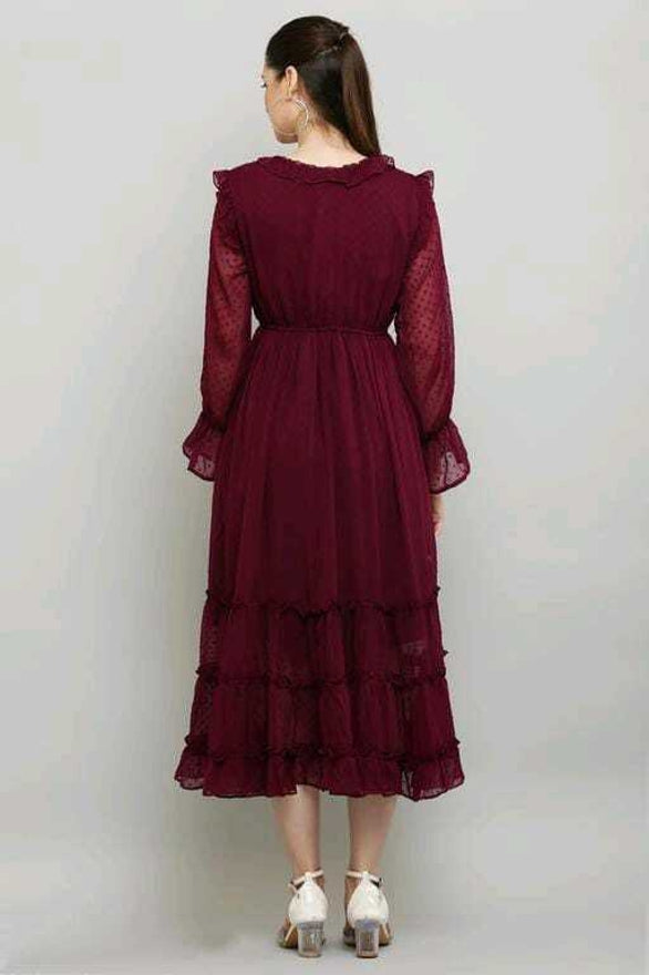 PAVONINE Buta-Design With V-Neck Wine Dress For Girls & Women