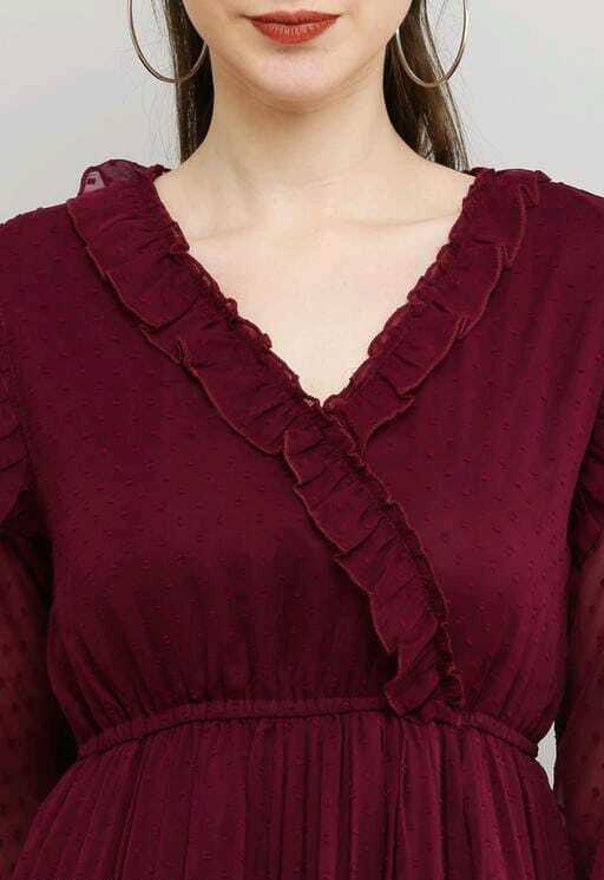 PAVONINE Buta-Design With V-Neck Wine Dress For Girls & Women
