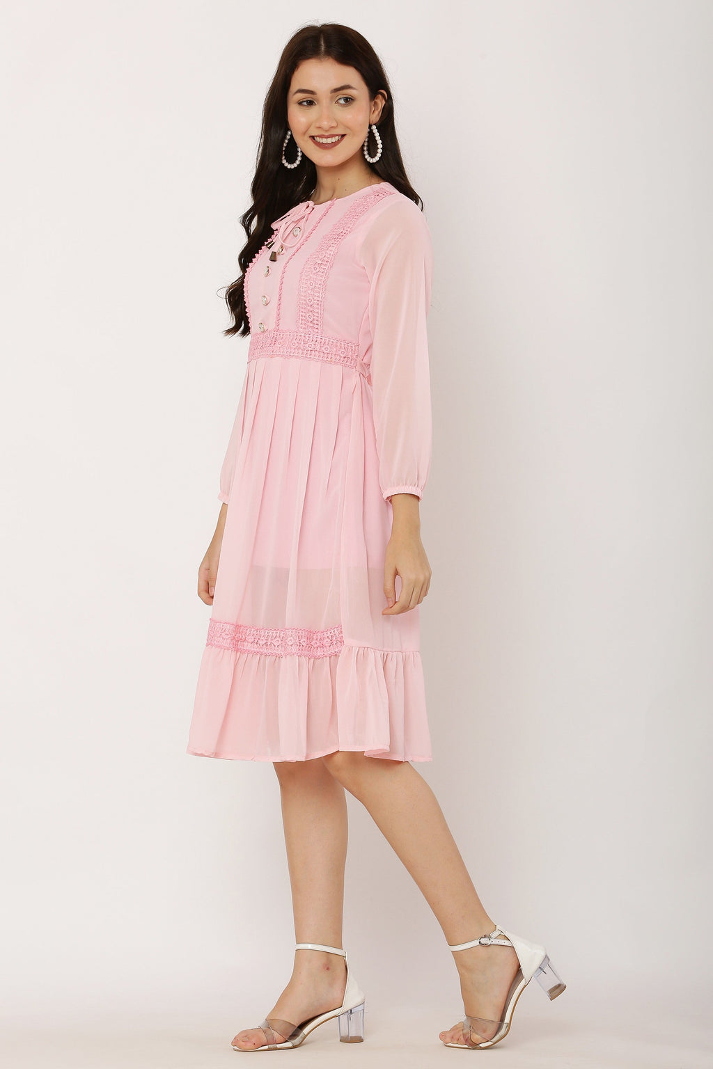 PAVONINE Peach Color Georgette Fabric Lace Inserts Dress For Girls