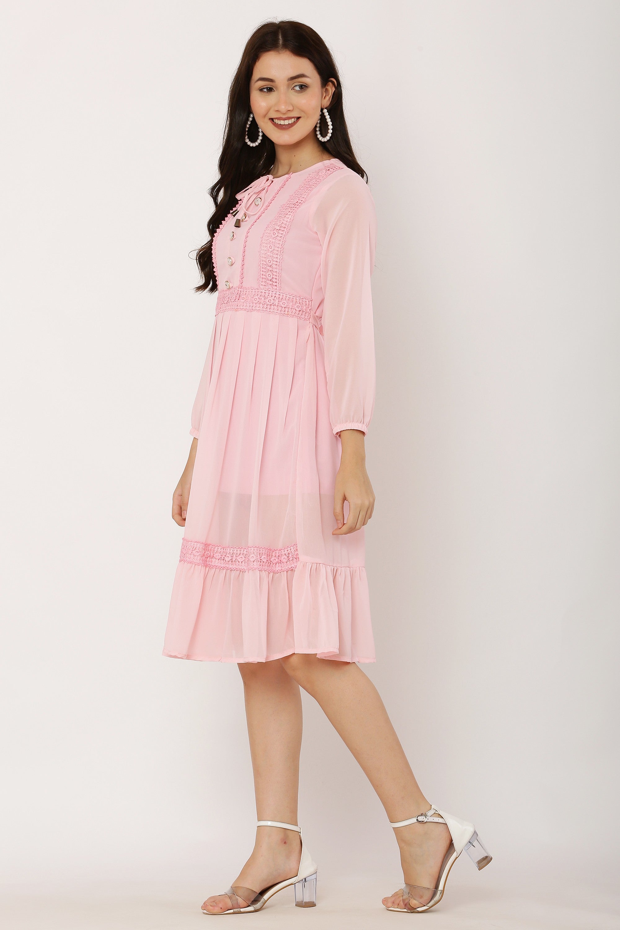 PAVONINE Peach Color Georgette Fabric Lace Inserts Dress For Girls