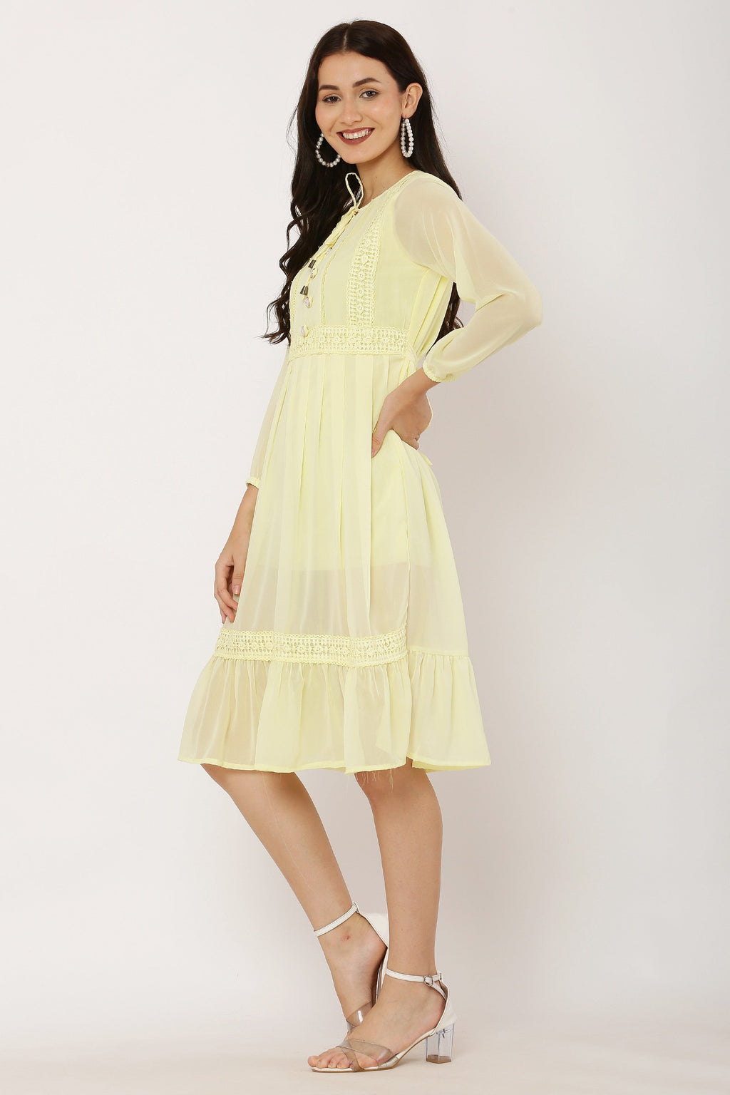 PAVONINE Lemon Color Georgette Fabric Lace Inserts Dress For Girls