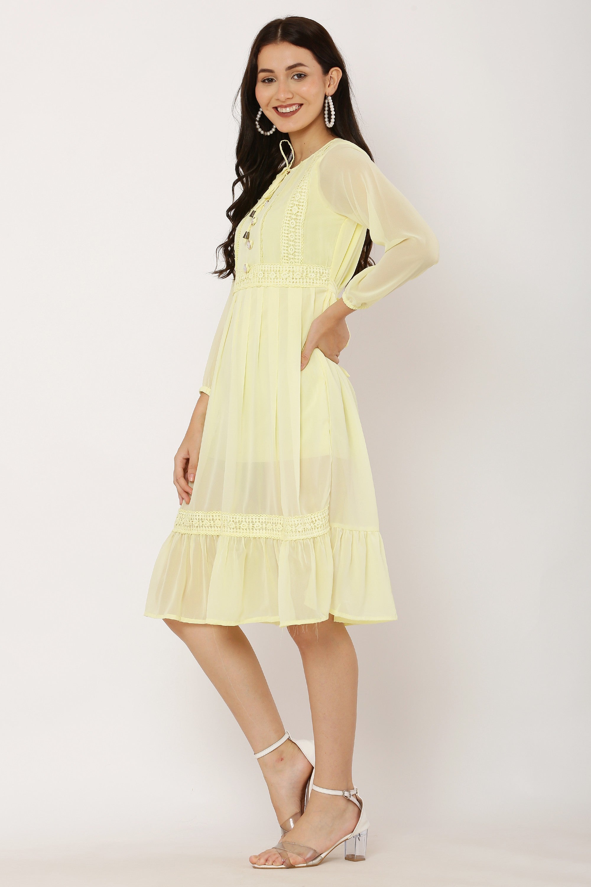 PAVONINE Lemon Color Georgette Fabric Lace Inserts Dress For Girls