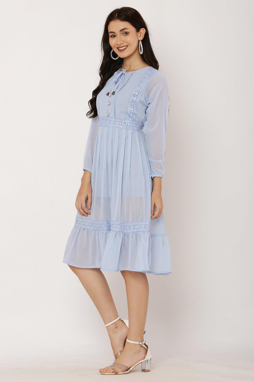PAVONINE Sky Blue Color Georgette Fabric Lace Inserts Dress For Girls