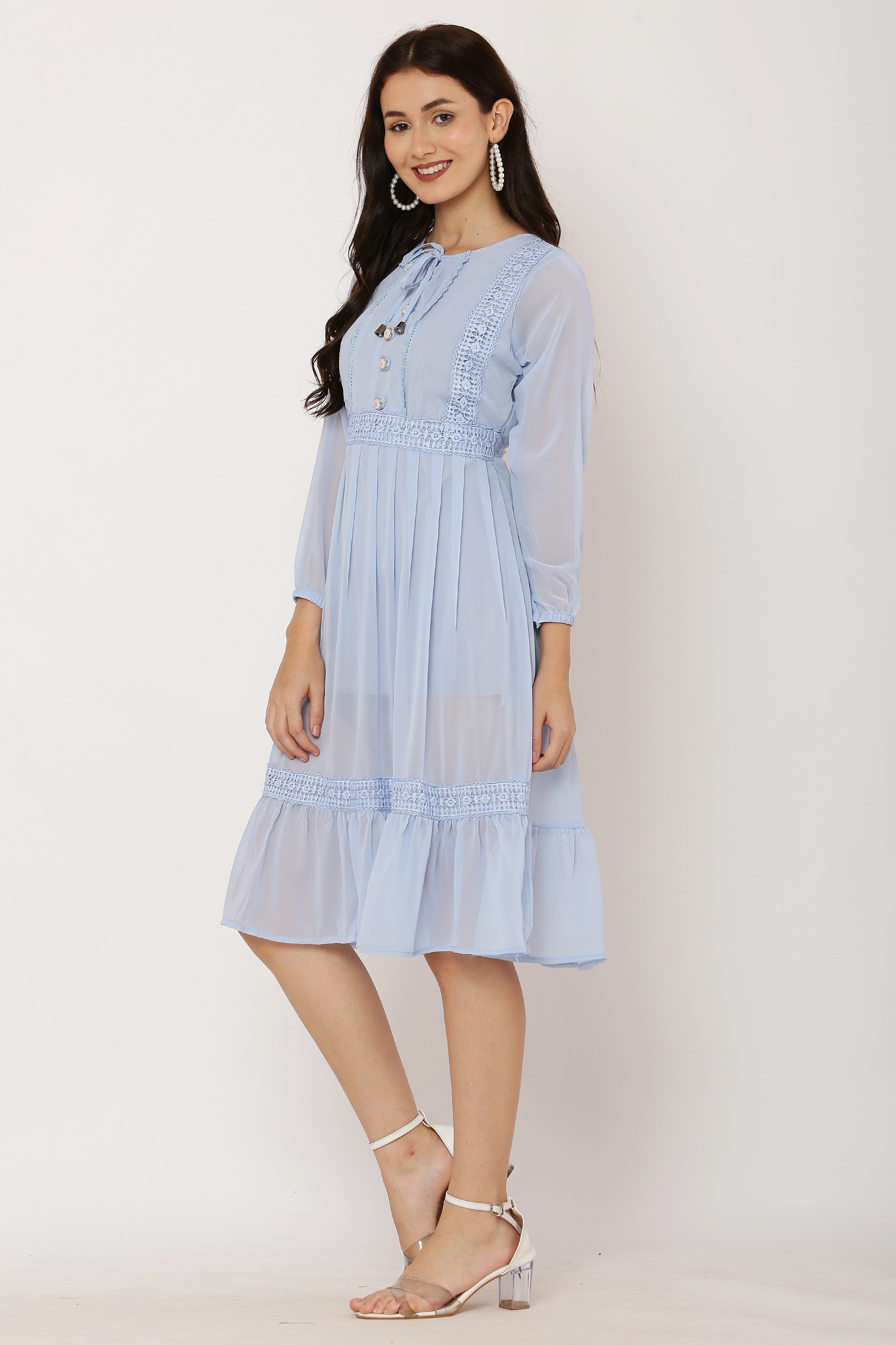 PAVONINE Sky Blue Color Georgette Fabric Lace Inserts Dress For Girls