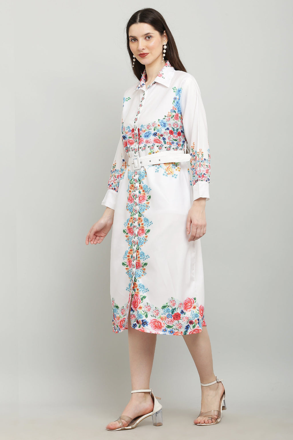 PAVONINE Cat Flower Digital Print White Color A-Line Dress For Women