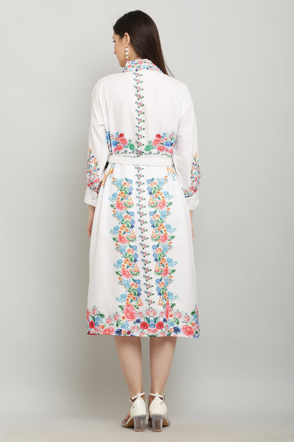 PAVONINE Cat Flower Digital Print White Color A-Line Dress For Women