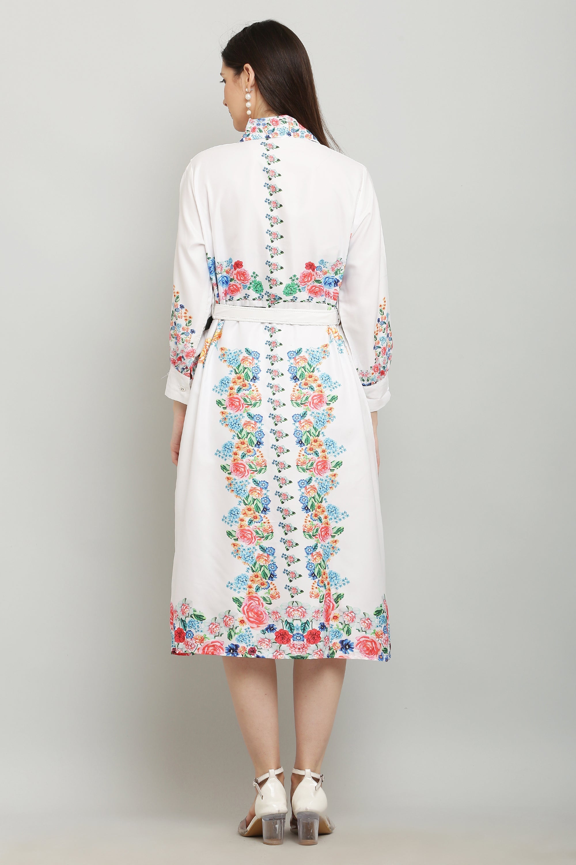 PAVONINE Cat Flower Digital Print White Color A-Line Dress For Women