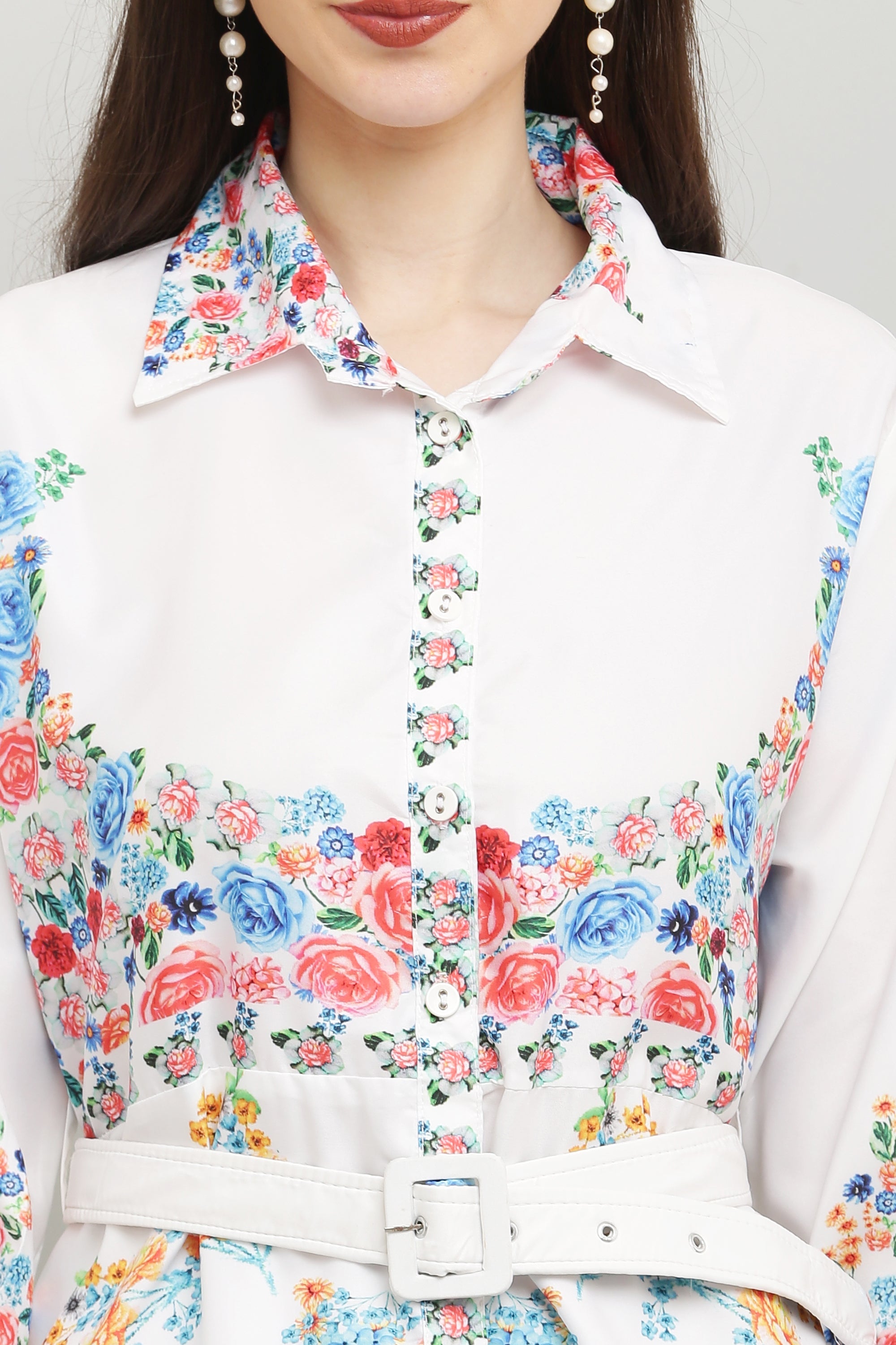 PAVONINE Cat Flower Digital Print White Color A-Line Dress For Women