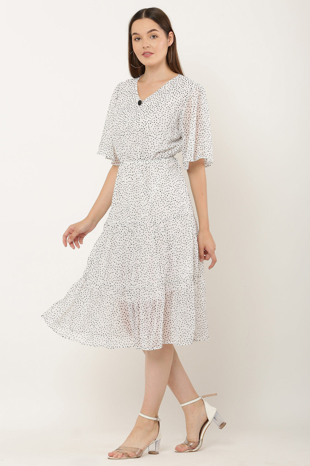 PAVONINE Micro Dots V-Neck Georgette Fabric White Dress For Women