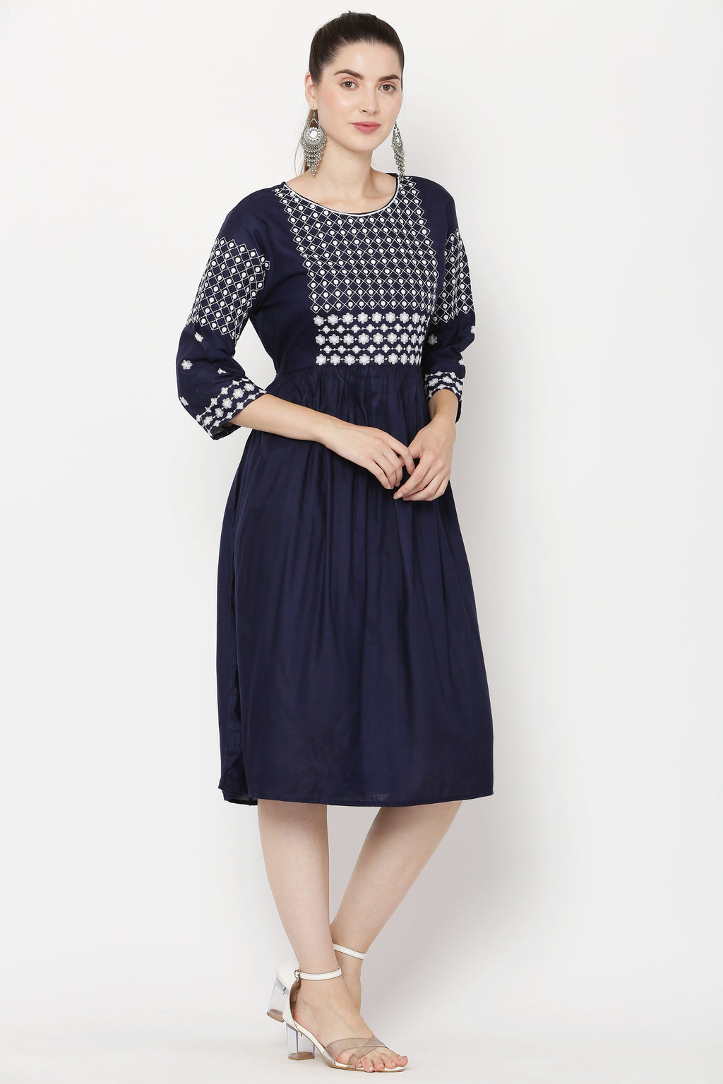 PAVONINE Navy Blue Color Polka Dots Embroidery Dress For Women
