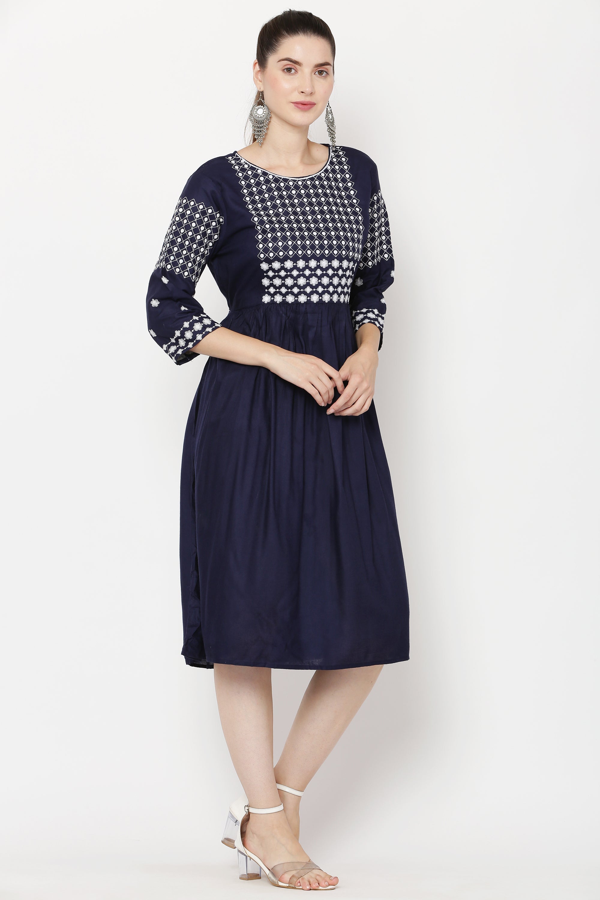PAVONINE Navy Blue Color Polka Dots Embroidery Dress For Women