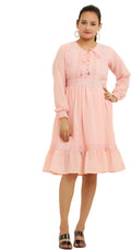 PAVONINE Peach Color Georgette Fabric Lace Inserts Midi For Girls
