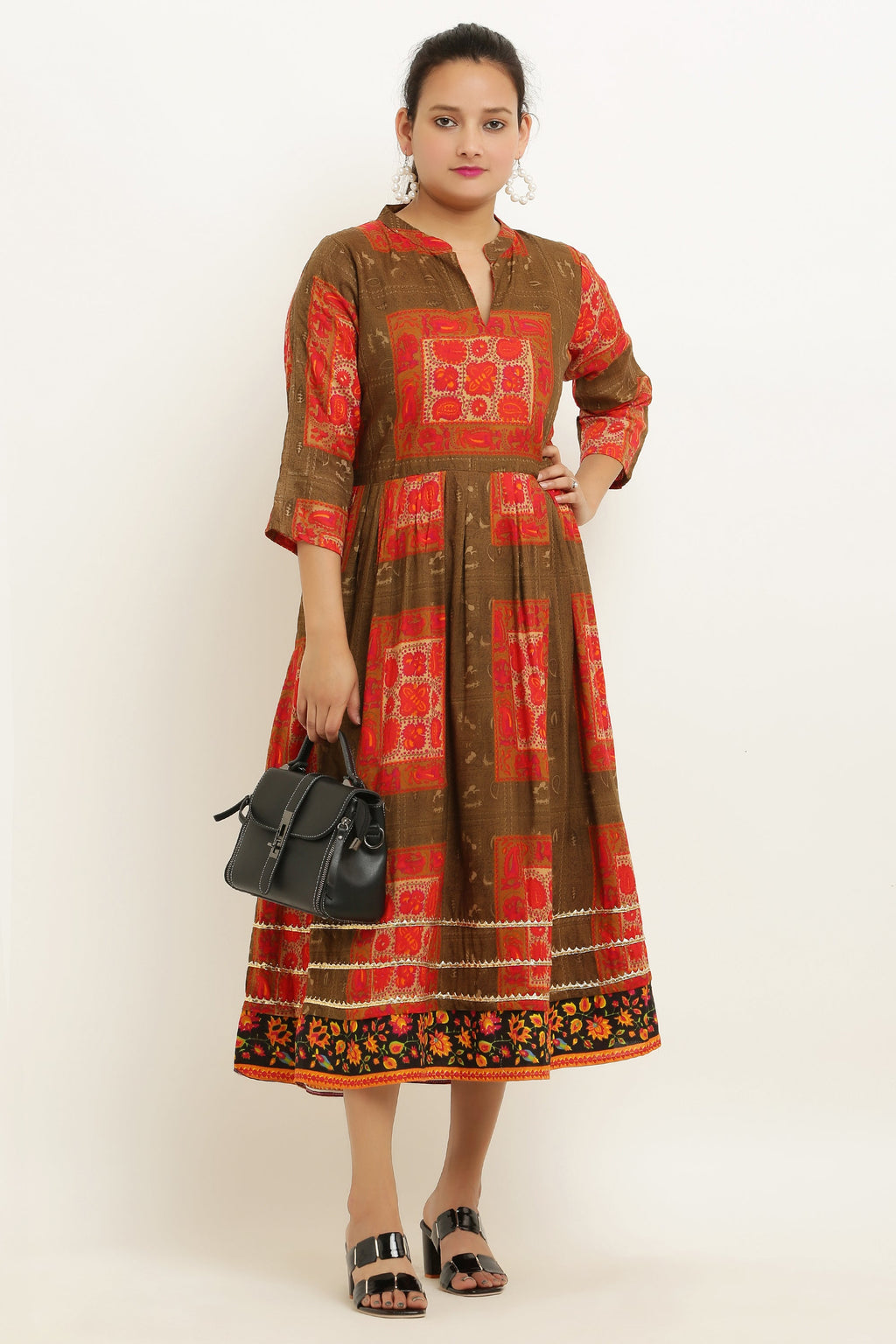 PAVONINE Jaipuri Block Print Mehandi Color Dress For Girls & Women