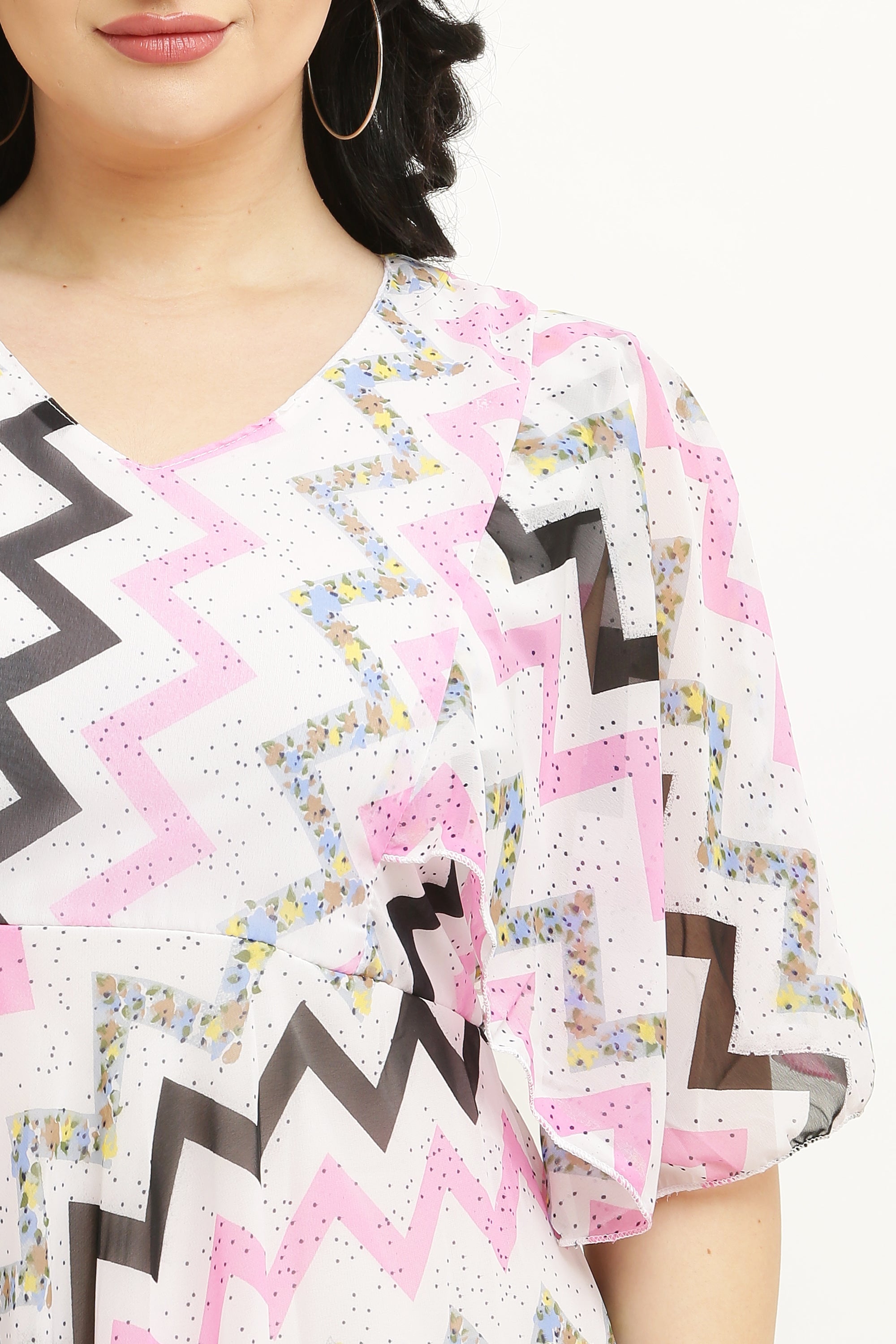 PAVONINE Zig-Zag Printed Georgette Fabric Pink Dress For Women