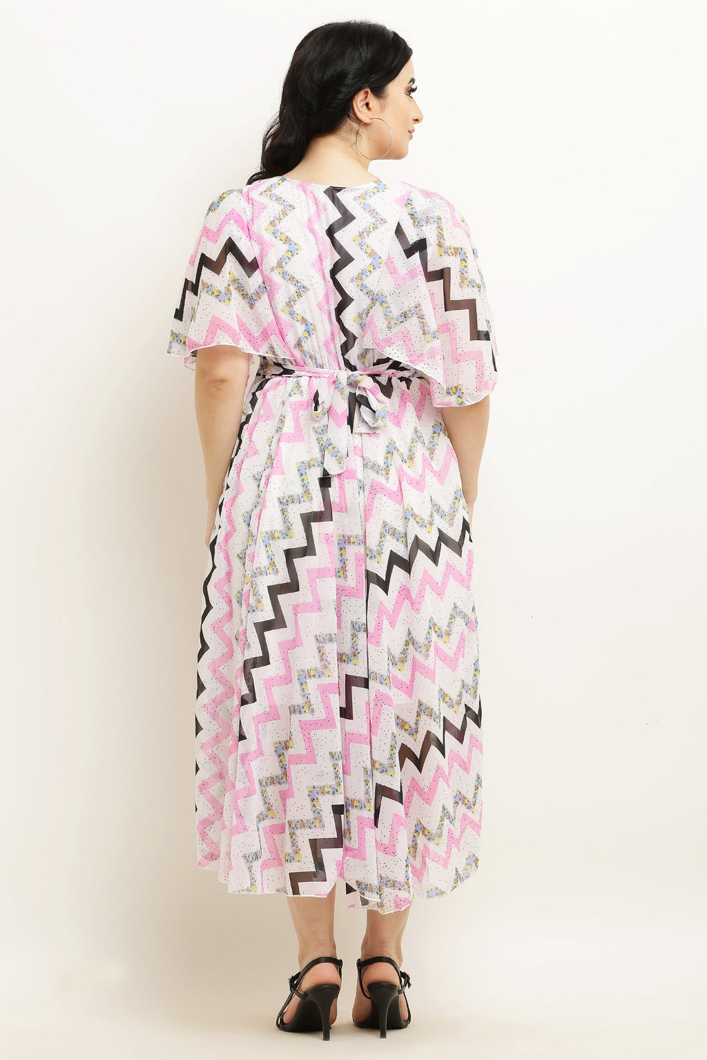 PAVONINE Zig-Zag Printed Georgette Fabric Pink Dress For Women