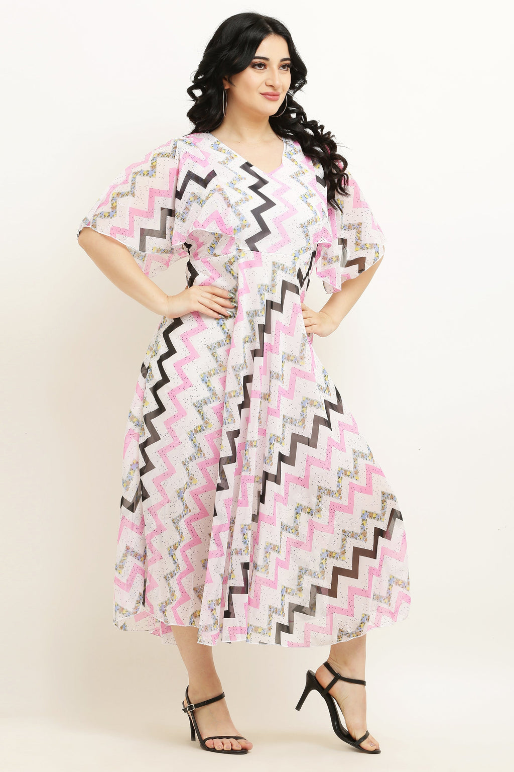 PAVONINE Zig-Zag Printed Georgette Fabric Pink Dress For Women