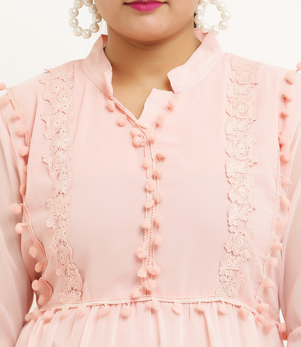 PAVONINE Pum Pum & Lace Inserted Pink Color Dress For Girls & Women