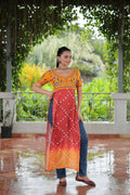 Vastranavya Yellow Navratri Special Kutchi Gamthi Work with Printed Kurti