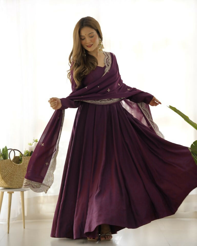 Teeya Creation Wine Color Pure Roman Silk Chanderi Party Wear Fully Stitched Gown
