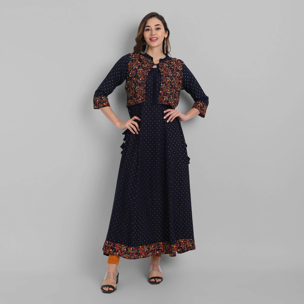Juniper Women's Navy Rayon Printed Flared Dress