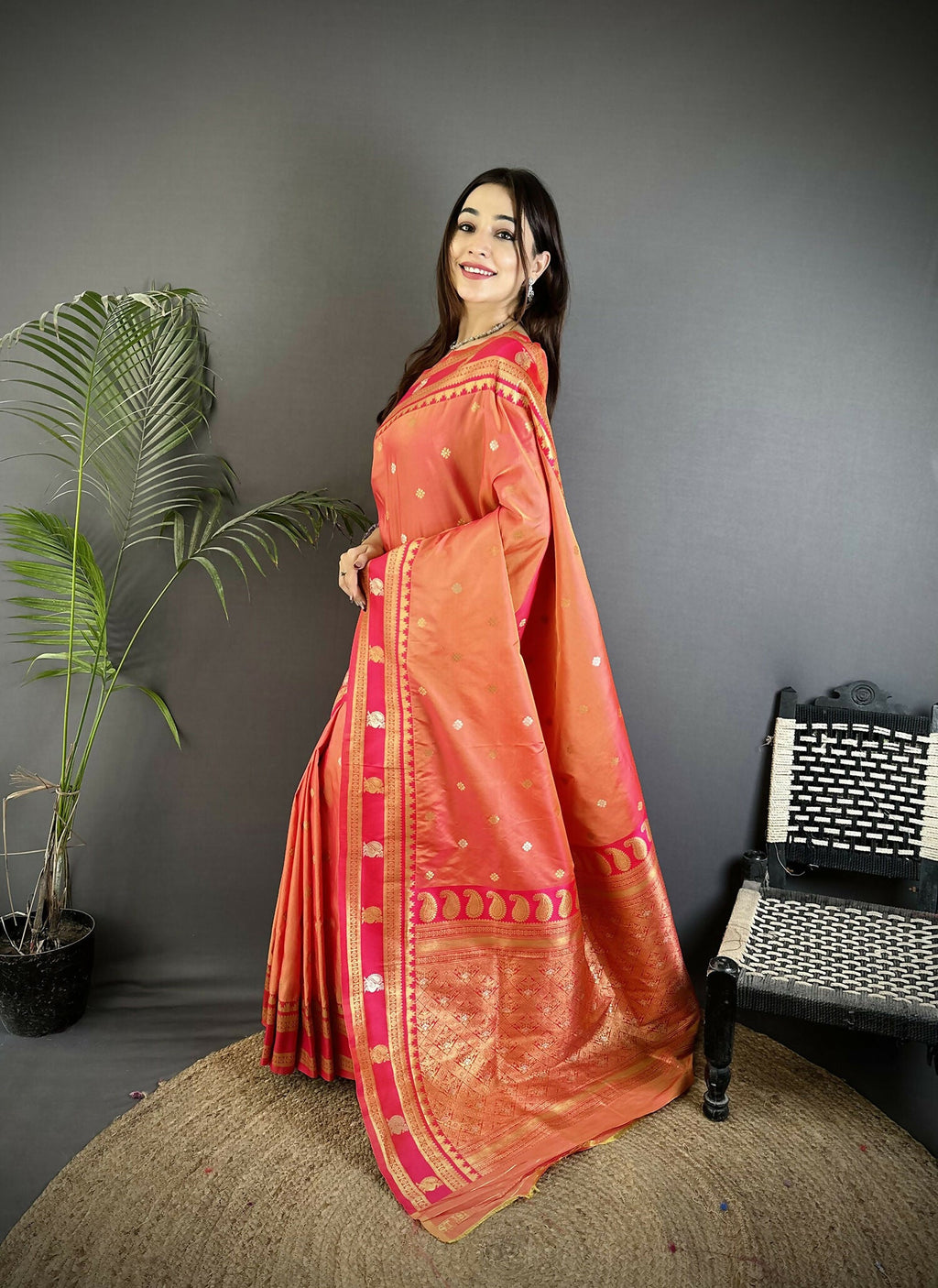 Joban Fashion Peach Banarasi Soft Silk Woven Saree