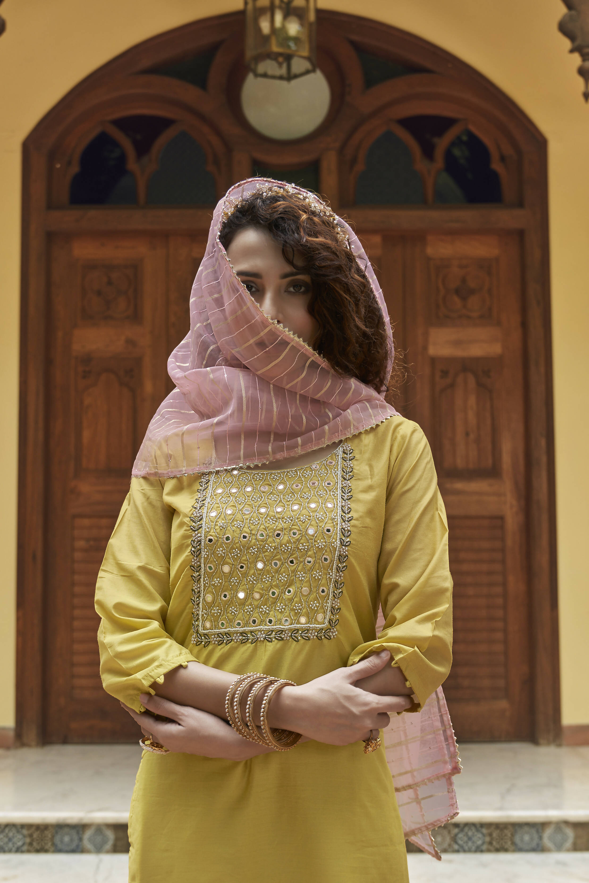 Mustard Chinon Embroidered Kurta and Bottom with Dupatta - Akashara