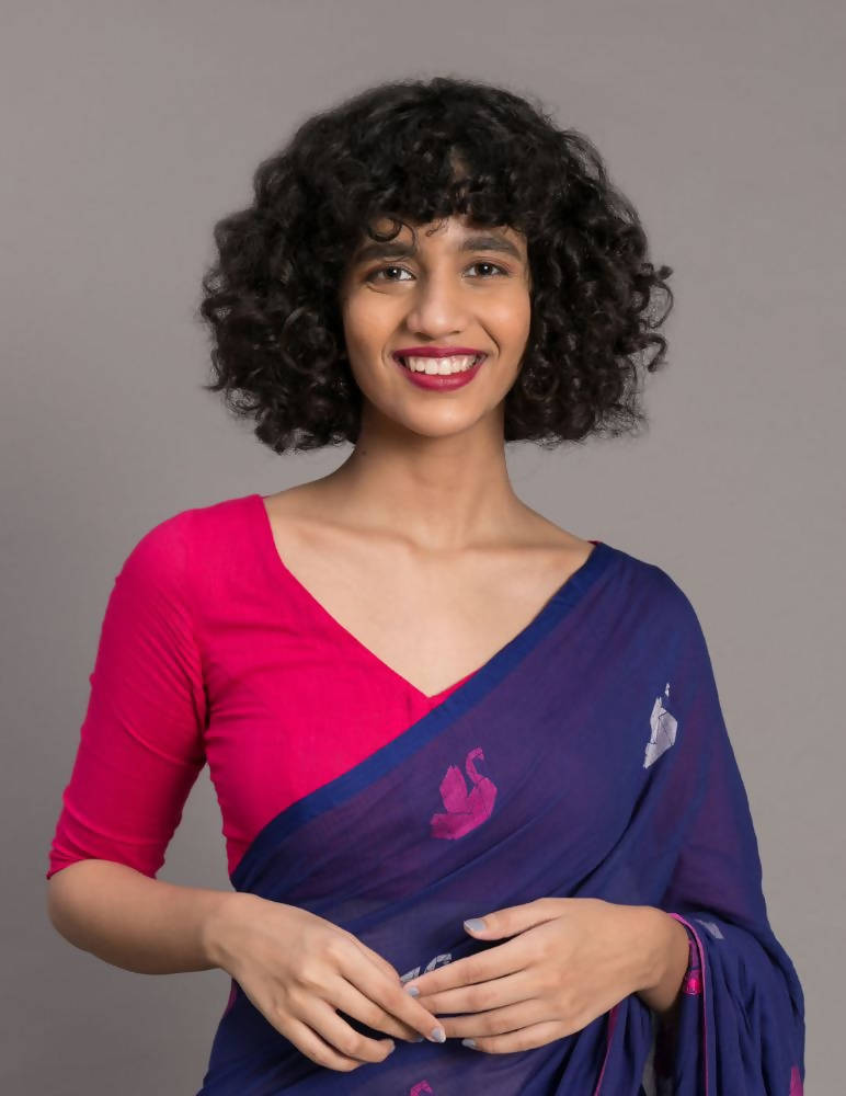 Suta Blue Pink Ethnic Motifs Handloom Cotton Woven Saree