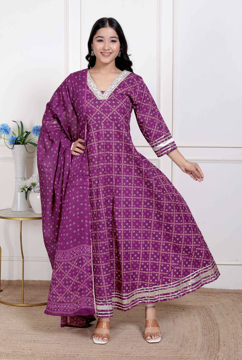 Miravan Women's embroidred Bandhani Ethnic Anarkali Kurta and Dupatta