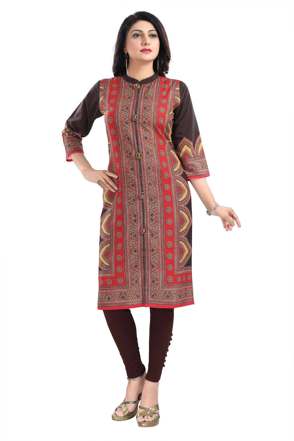 Snehal Creations Bombastic Brown Designer Digital Print Cotton Slub Fabric Long Kurti Tunic