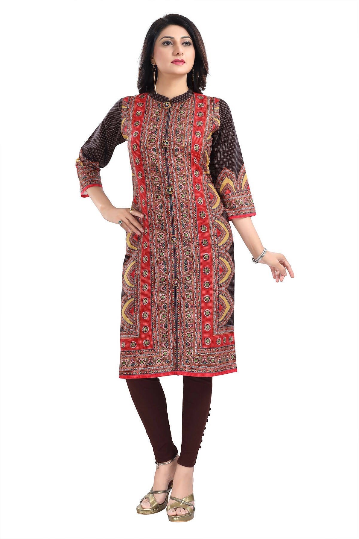 Snehal Creations Bombastic Brown Designer Digital Print Cotton Slub Fabric Long Kurti Tunic