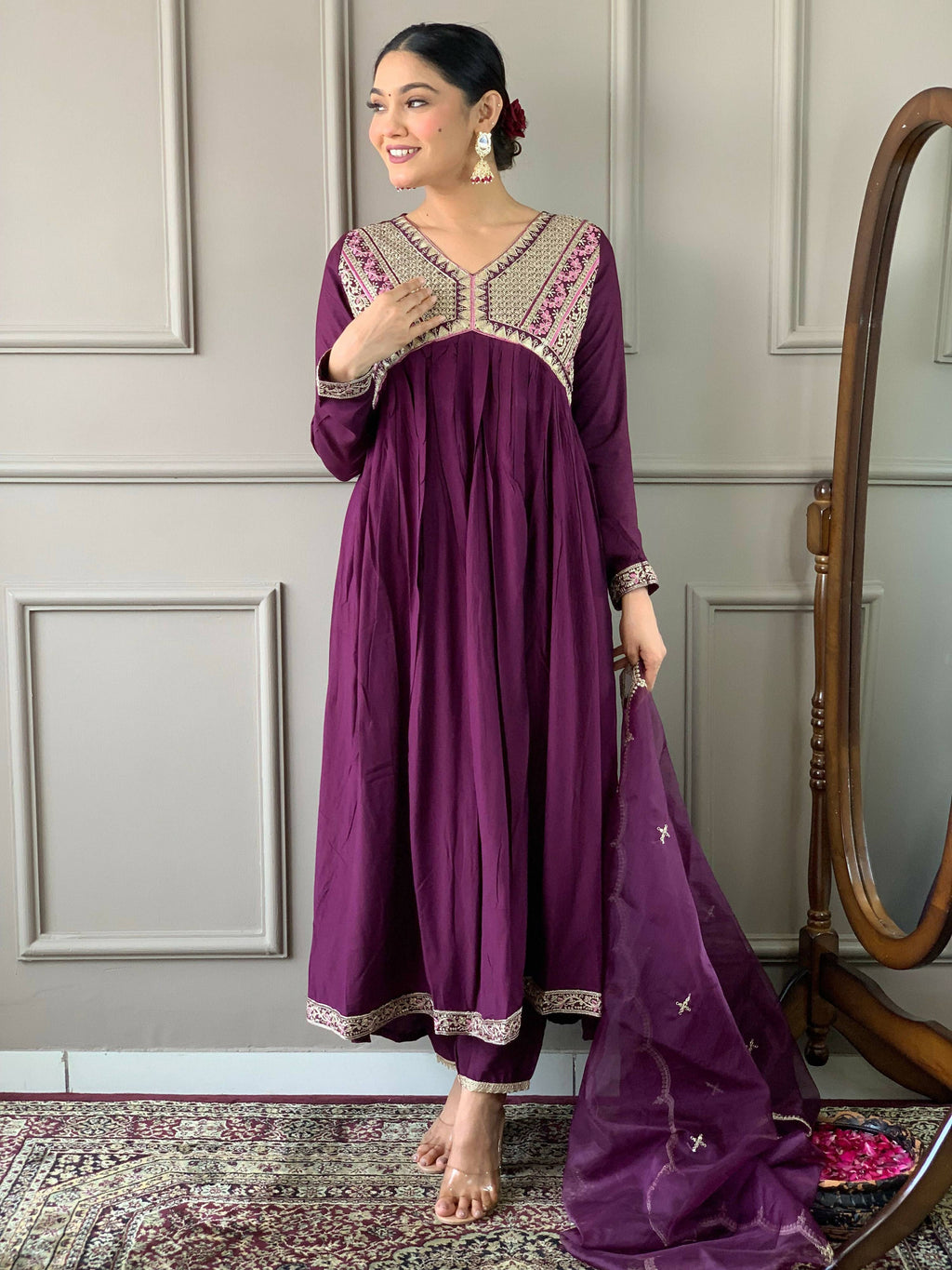 Partywear Designer Viscose Wine Stitched Suit With Dupatta - Tanisha