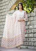 Kaajh Women's White Cotton Mirror Work Kurta Pant Set With Dupatta