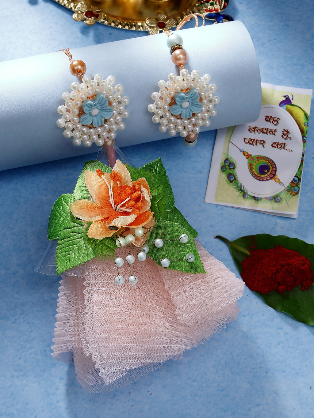 NVR Women & Men Set of 2 Peach Floral Design Pearl Beaded Bhaiya Bhabi Rakhi With Roli Chawal & Chocolate