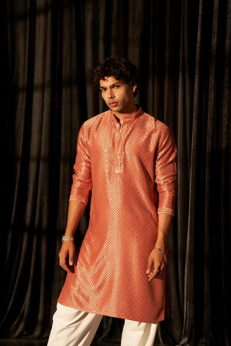 Red viscose Chikankari Embroidery Work Men's Traditional Kurta Set - Mahotsav