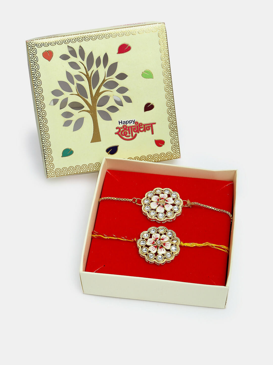 NVR Women & Men Set of 2 Gold Kundan-Studded Bhaiya Bhabhi Rakhi Set With Roli Chawal