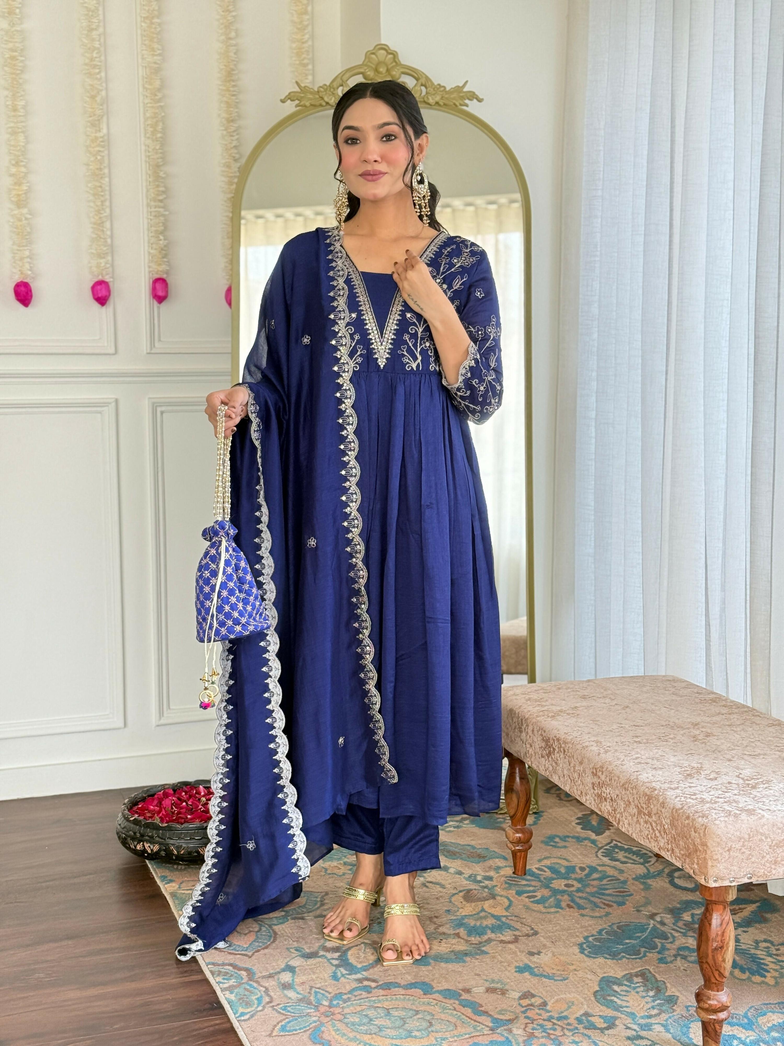 The52 Blue Women's Beautiful Embroidered Vichitra Silk Fabric with Flared Kurta, Pant and Dupatta Set